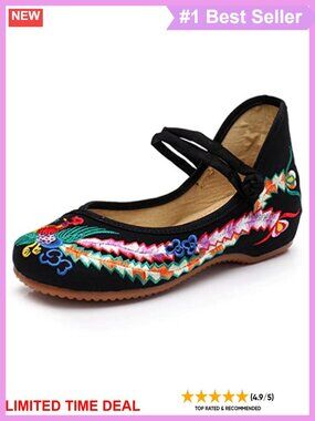 Embroidered Flats Women's Mary Jane Ballet Yoga Shoes Rubber Sole
